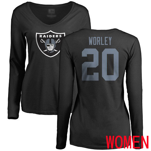 Oakland Raiders Olive Women Daryl Worley Name and Number Logo NFL Football #20 Long Sleeve T Shirt